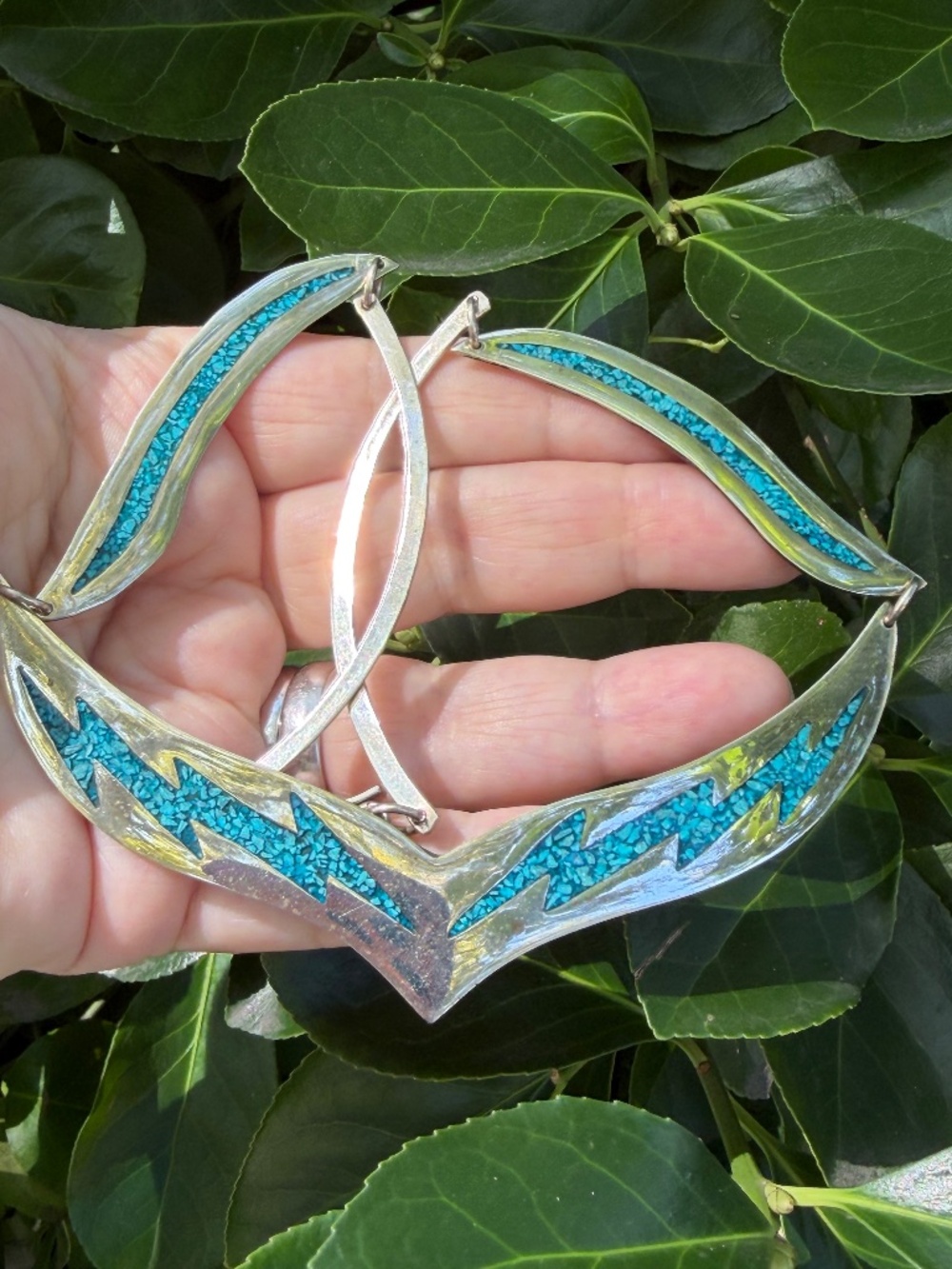 VINTAGE NAVAJO NATIVE AMERICAN INLAID TURQUOISE COLLAR NECKLACE SILVERTONE METAL